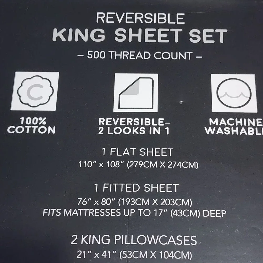 King Size 500 Thread Count Cotton Reversible Blue Sheet Set 4pc Two Looks in One